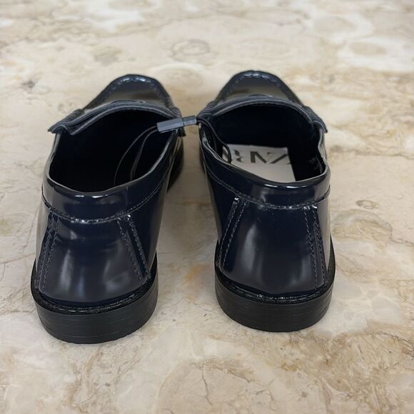 NWT Zara Classic Penny Loafers Blue Patent Faux Leather - Picture 6 of 10